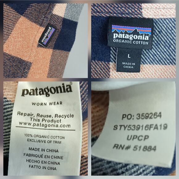 Patagonia Women's SZ L Women's Fjord Flannel Shirt Navy Peach Buffalo Check - Picture 5 of 5